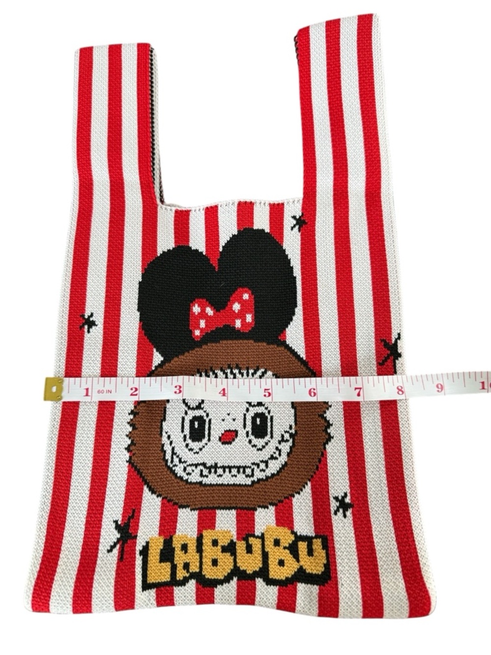 Labubu Knit Mini Tote Bag Red Stripe Graphic Stretch Reusable - Picture 6 of 7